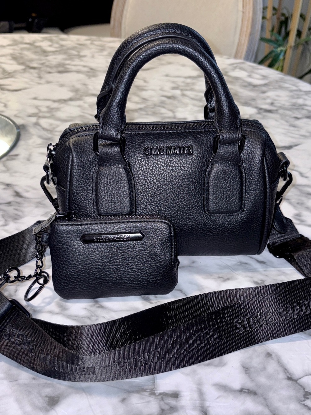NWOT Steve Madden Black Pebbled Leather Mini Satchel with Crossbody Strap